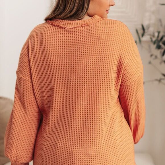 Plus size orange waffle knit long sleeve top v neck button - Picture 4 of 6